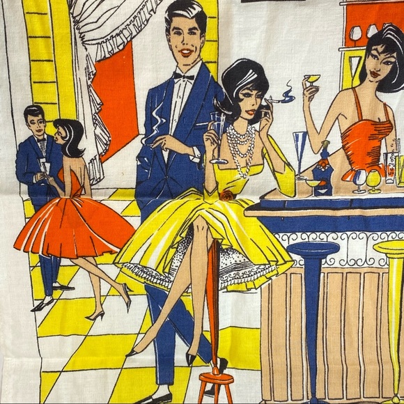 Vintage Linen MCM Cocktail Smoking Bar Tea Towel - Picture 2 of 7